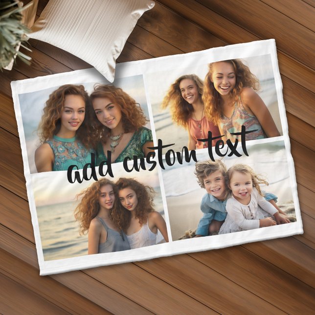 4 Photo Collage script text - editable colours Fleece Blanket (Custom Fleece Blanket - Add Photos and Text)