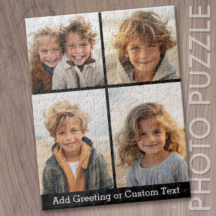 4 Photo Collage - simple black with white text Jigsaw Puzzle