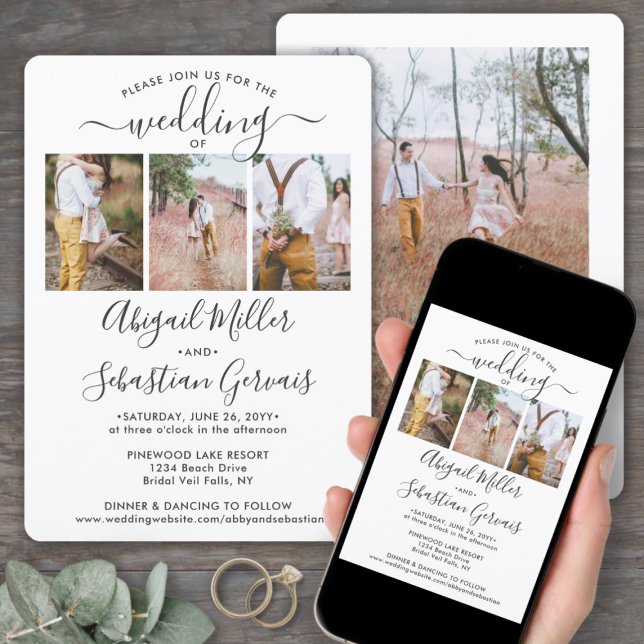 4 Photo Collage Simple Elegant Script Wedding Invitation (Creator Uploaded)