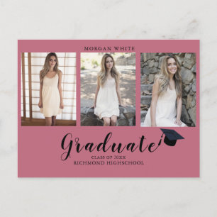 4 photo Collage Simple Modern Pink Graduation Announcement Postcard