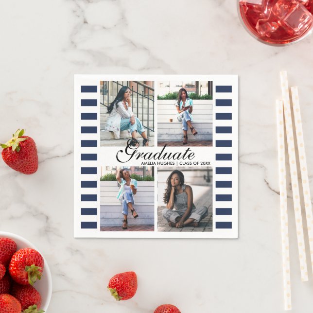 4 Photo Collage Stripes Graduation Party Napkin (Insitu)