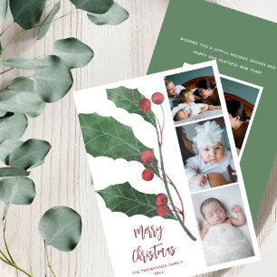 4 Photo Collage Watercolor Holly Elegant Christmas Holiday Card