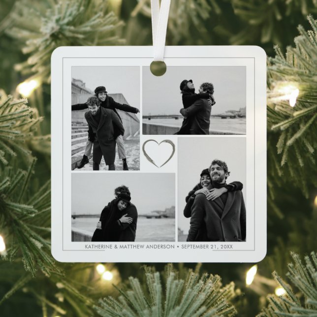 4 Photo Collage Wedding Anniversary Name & Date Metal Tree Decoration (Insitu)