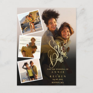 4 Photo Collage Wedding Gold Script Save the Date Postcard