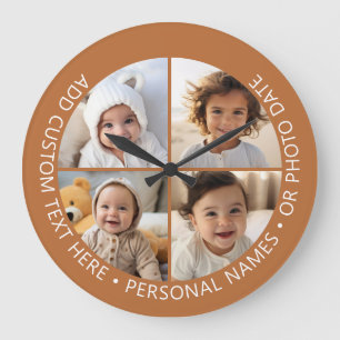 4 Photo Collage with Curvature Custom Text Around Large Clock