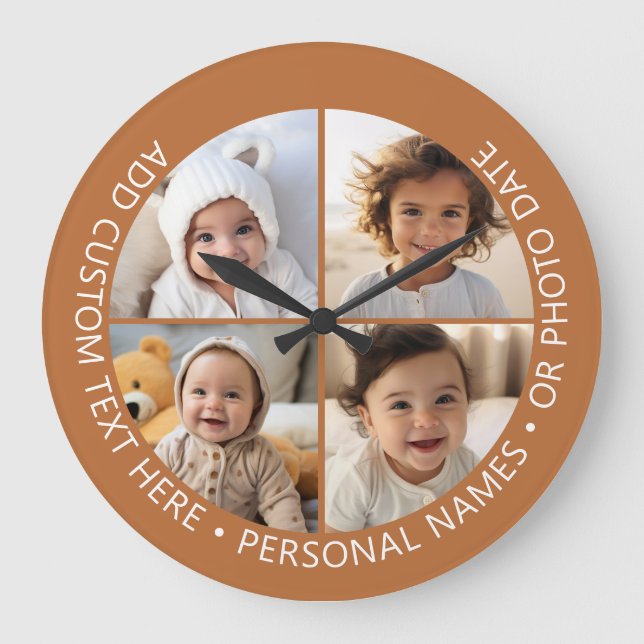 4 Photo Collage with Curvature Custom Text Around Large Clock (Front)