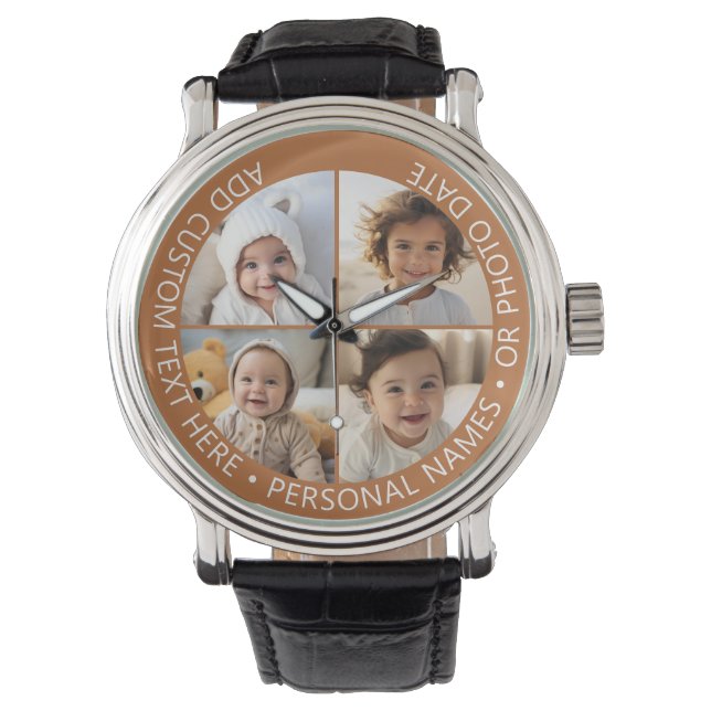 4 Photo Collage with Curvature Custom Text Around Watch (Front)