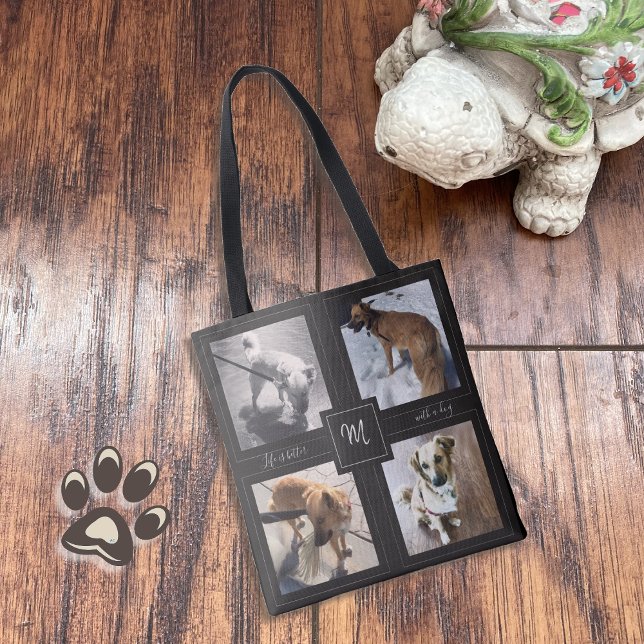 4 Photo Collage with Dog Quote Black Tote Bag (Creator Uploaded)