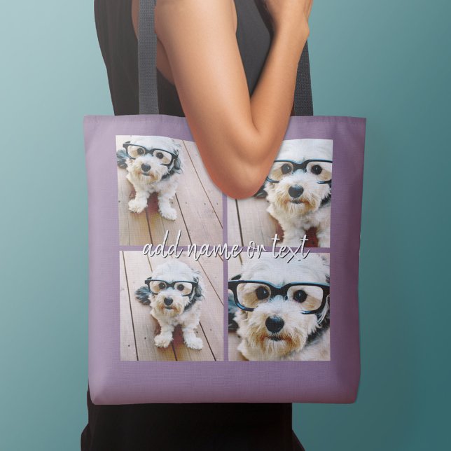 4 Photo Collage with handwritten name - purple Crossbody Bag (Personalized tote bag with photos collage and text)