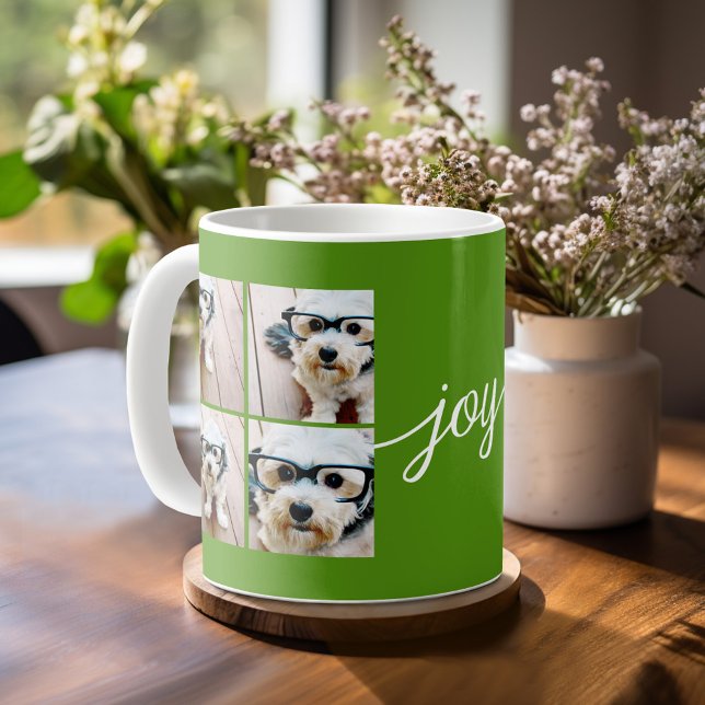 4 Photo Collage with Holiday Joy Green Mug (Mug template with 8 photos )