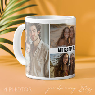 4 Photo Collage with One Line of Text - Minimal Large Coffee Mug