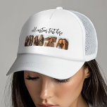 4 Photo Collage with trendy bounce script - white Trucker Hat<br><div class="desc">Use square cropped photos for best results. This 4 photo modern grid with a collage and rounded corners. Add your favourite pictures to this film strip for a fun memory keeper. An artistic way to display your best photo sharing pics.</div>