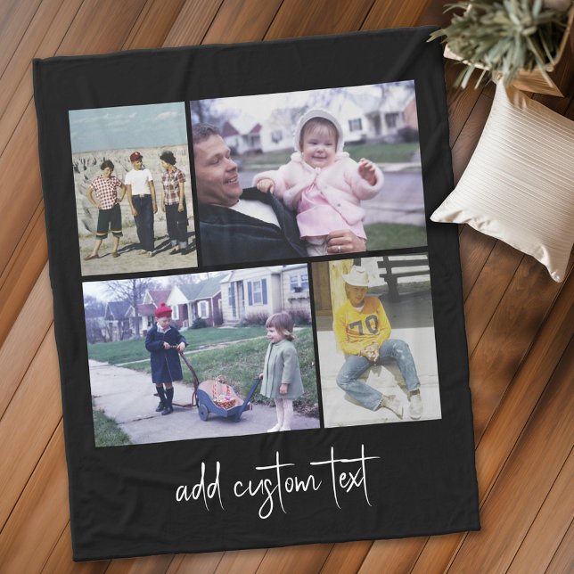 4 Photo Collage - you can change background colour Fleece Blanket (Personalized fleece blanket with 4 photos and text)