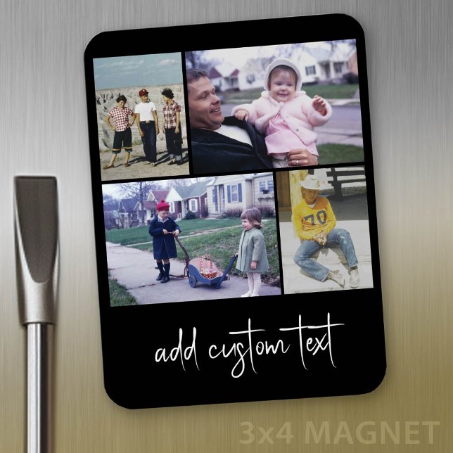 4 Photo Collage - you can change black colour Magnet (Personalized fridge magnet - add photos and custom text)