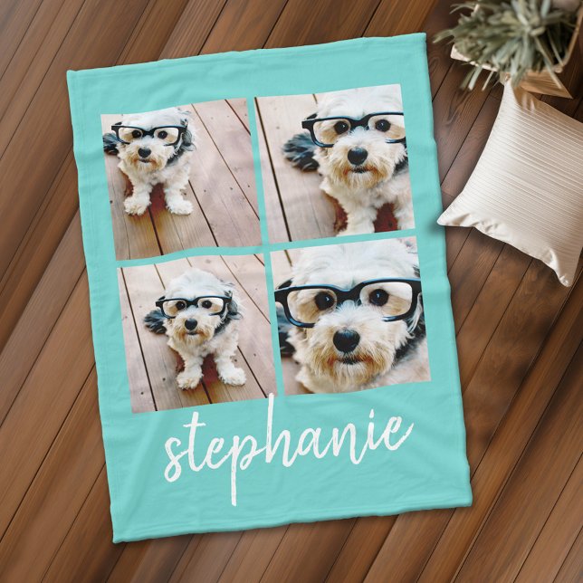 4 Photo Collage - you can edit blue pink colour Fleece Blanket (Personalized fleece blanket with 4 photos and custom text)