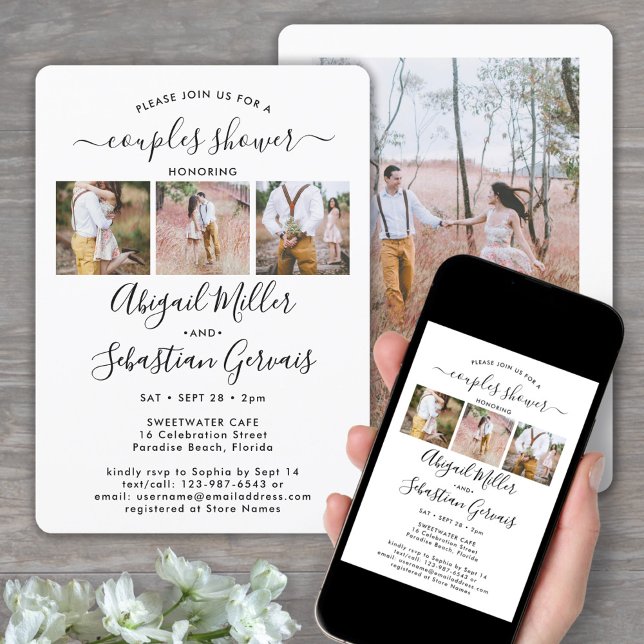 4 Photo Couples Bridal Shower Chic Modern Script Invitation (Creator Uploaded)