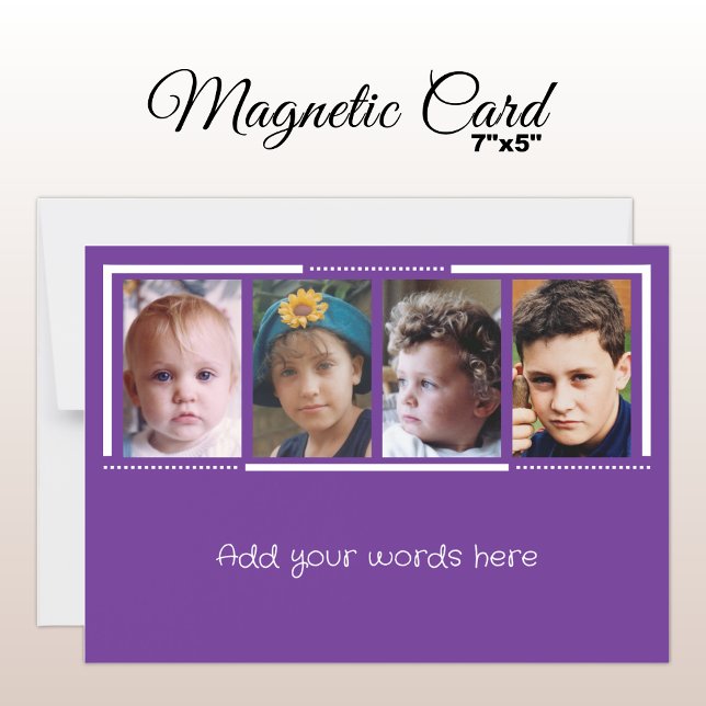 4 photo custom text purple white magnetic card (Creator Uploaded)