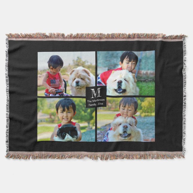 4 Photo Customised Collage with Monogram Throw Blanket (Front)