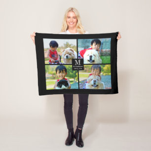 4 Photo Customized Collage with Monogram Fleece Blanket