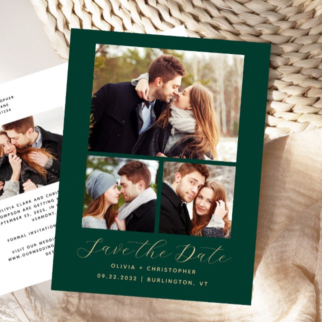 4-Photo Emerald Green Gold Save the Date Announcement Postcard (Creator Uploaded)