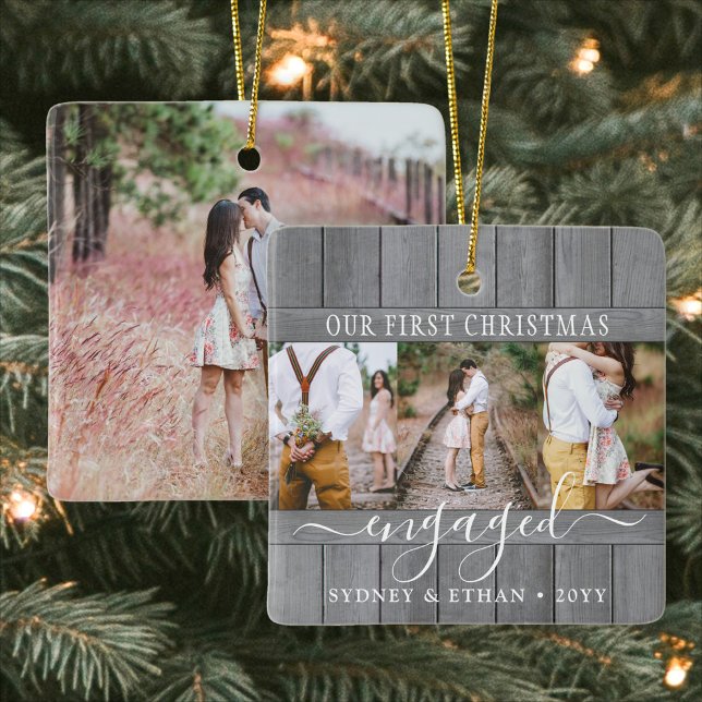 4 Photo Engagement 1st Christmas Gray Faux Wood Ceramic Ornament (Creator Uploaded)