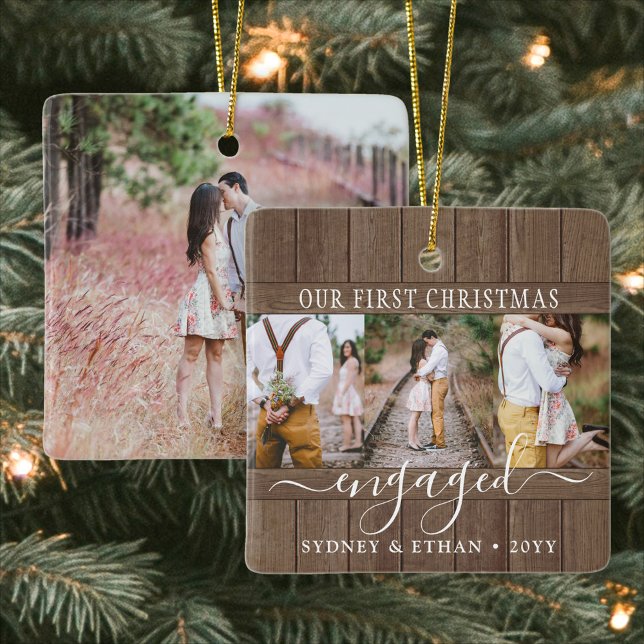 4 Photo Engagement 1st Christmas Rustic Faux Wood Ceramic Ornament (Creator Uploaded)
