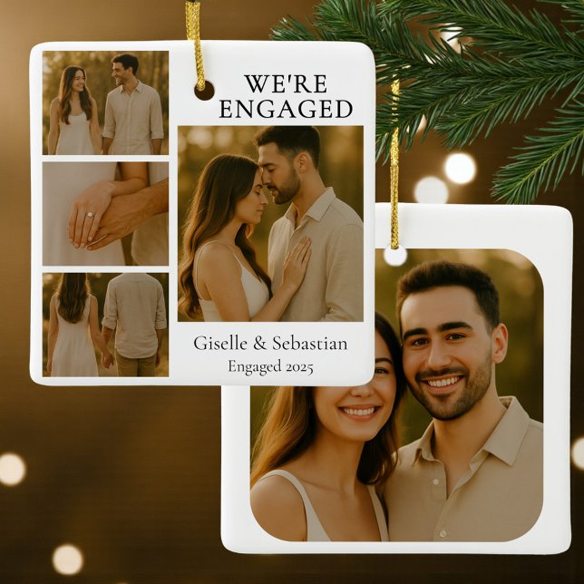 4 Photo Engagement Collage Christmas Ceramic Ornament (Creator Uploaded)