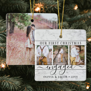 4 Photo Engagement First Christmas Faux Marble Ceramic Ornament