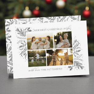 4 Photo Family Christmas Silver Botanical Collage Holiday Card
