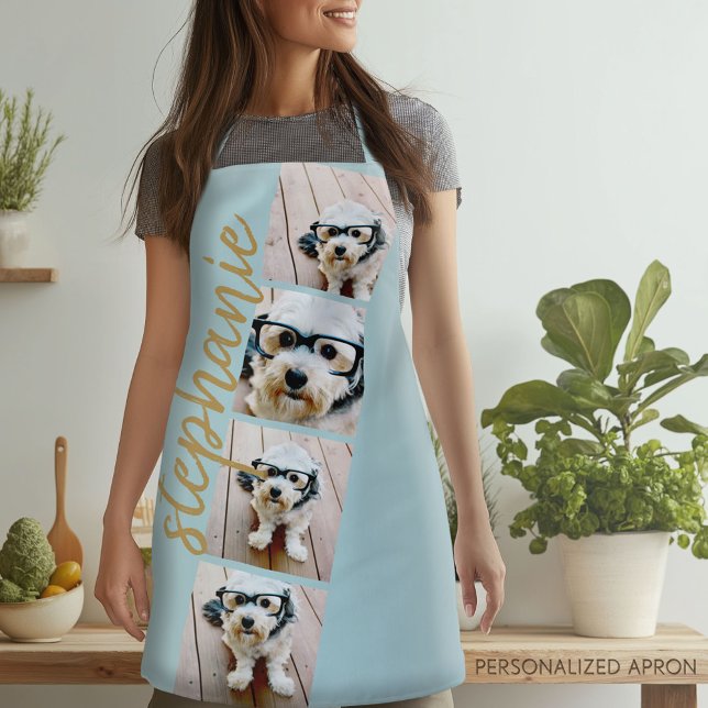 4 Photo Film Strip Collage Script Name blue gold Apron (Personalized Apron)
