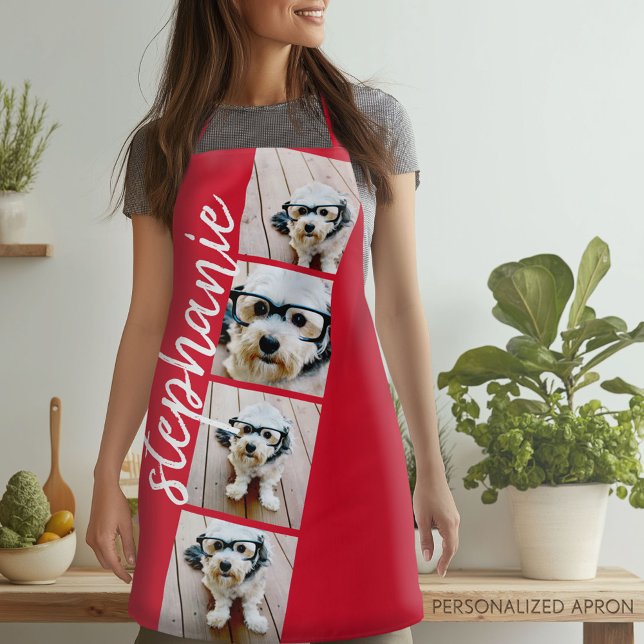 4 Photo Film Strip Collage Script Name red Apron (Personalized Apron)