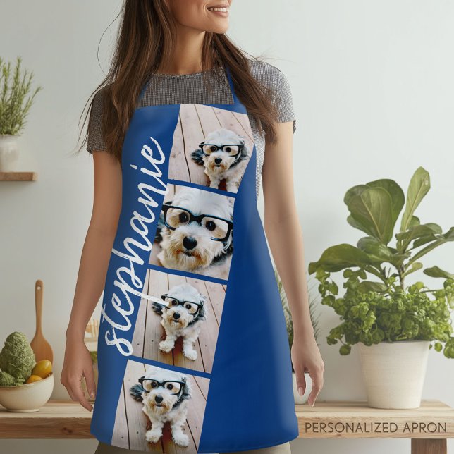 4 Photo Film Strip Collage Script Name Royal Blue Apron (Personalized Apron)