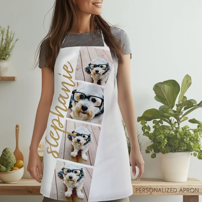 4 Photo Film Strip Collage Script Name white gold Apron (Personalized Apron)