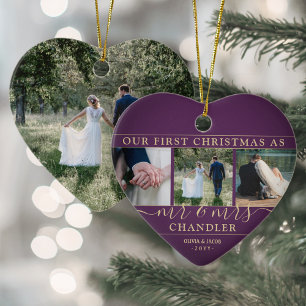 4 Photo First Christmas as Mr & Mrs Plum Purple Ceramic Tree Decoration
