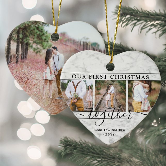 4 Photo First Christmas Together Faux Marble Heart Ceramic Tree Decoration (Creator Uploaded)