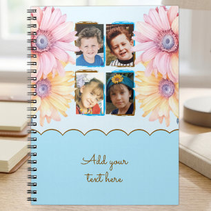 4 photo flowers text blue brown notebook