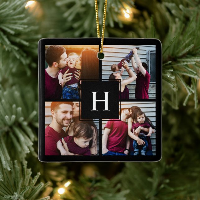 4 Photo Gallery Monogrammed Ceramic Ornament (Tree)
