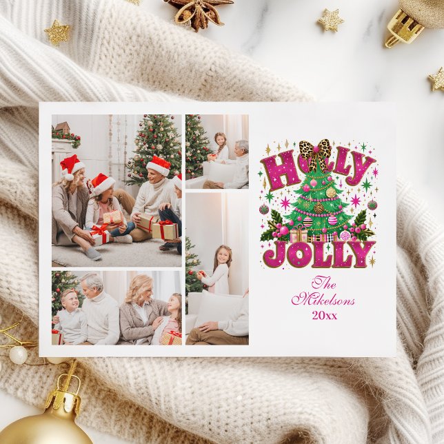 4 Photo Glitter Leopard Bow Holly Jolly Holiday Card (Creator Uploaded)