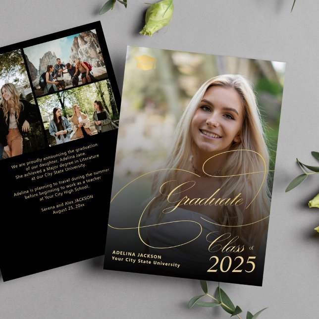 4 photo gold black graduate script graduation announcement (Creator Uploaded)