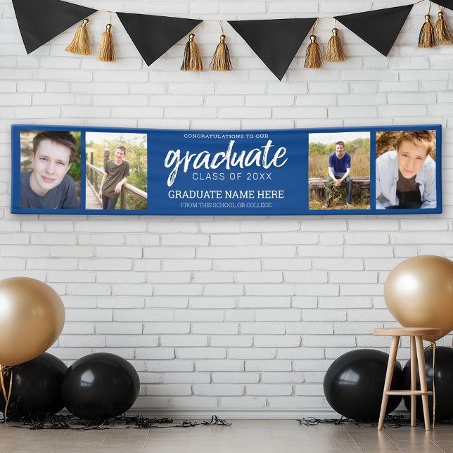 4 Photo Graduation Class of Grad Blue Banner (Custom Graduation Banner)