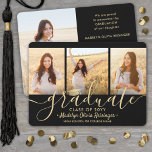 4 Photo Graduation Collage Black and Gold Script Announcement<br><div class="desc">Share the joy of a high school or college graduation with these custom 4 photo collage black and gold announcements. All pictures and wording are simple to personalise. (IMAGE PLACEMENT TIP: An easy way to centre a photo exactly how you want is to crop it before uploading to the Zazzle...</div>