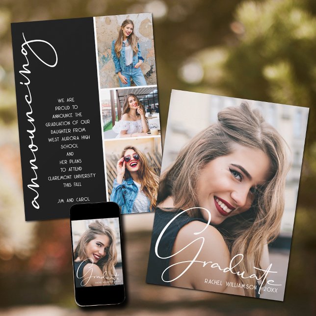 4 Photo Graduation Collage Black and White Script Announcement (4 Photo Graduation Collage Black and White Script Announcements)