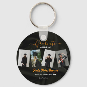 4 Photo Graduation Collage Black, Gold and white Key Ring