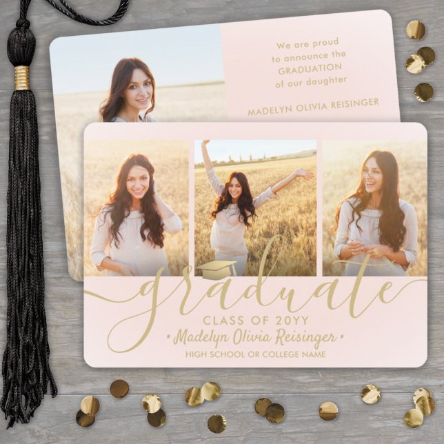 4 Photo Graduation Collage Blush Pink Gold Script Announcement (Creator Uploaded)