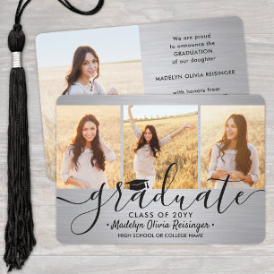 4 Photo Graduation Collage Brushed Silver & Black Announcement