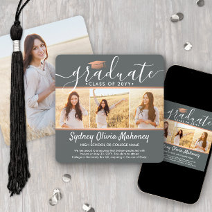 4 Photo Graduation Collage Grey and Faux Copper Announcement