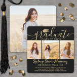 4 Photo Graduation Collage Modern Black and Gold Announcement<br><div class="desc">Share the joy of a high school or college graduation with these square custom 4 photo collage black and gold announcements. All pictures and wording are simple to personalise. (IMAGE PLACEMENT TIP: An easy way to centre a photo exactly how you want is to crop it before uploading to the...</div>