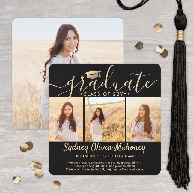 4 Photo Graduation Collage Modern Black and Gold Announcement (Creator Uploaded)