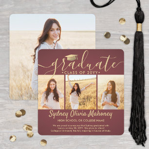 4 Photo Graduation Collage Modern Burgundy & Gold Announcement