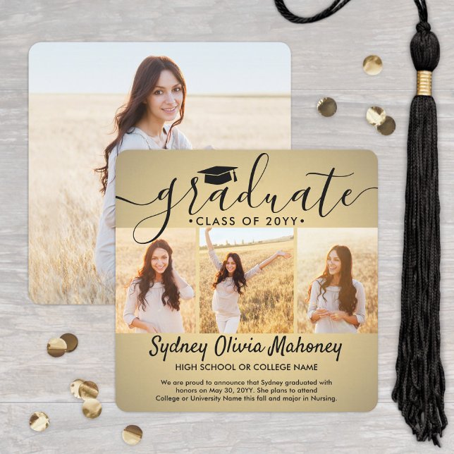 4 Photo Graduation Collage Modern Gold Ombre Announcement (Creator Uploaded)